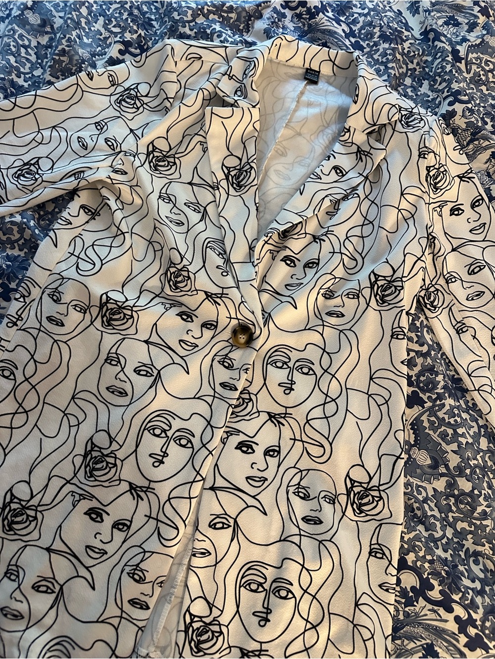 SHEIN White Button-Down Blazer with Black Abstract Face Print